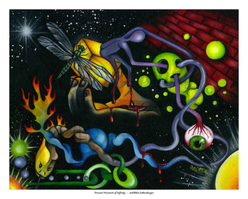 Abstract artwork with colorful elements on a dark background